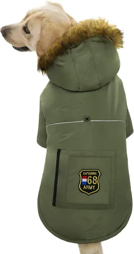 Vista 5 de Chaqueta grande con capucha para perro, impermeable, ropa cálida reflectante para perros, ropa gruesa acolchada para perros medianos y grandes