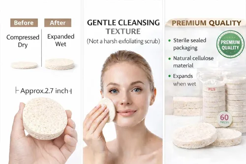 Vista 4 de Esponjas faciales comprimidas, paquete de 60 – Esponja facial de celulosa natural para limpieza, eliminación de maquillaje, exfoliación, lavado