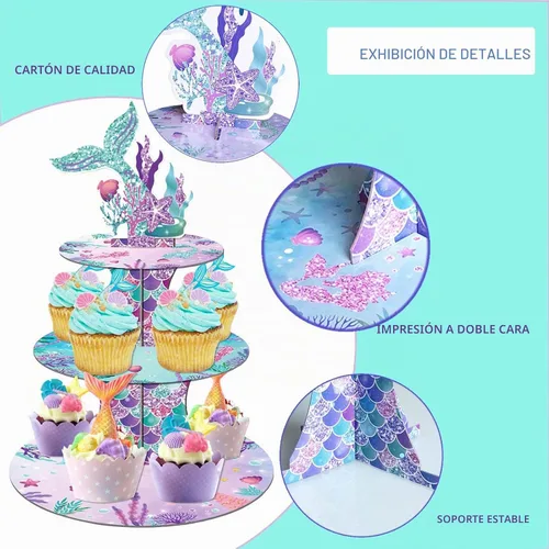 Vista 4 de Soporte para cupcakes de sirena, 3 niveles con 12 adornos
