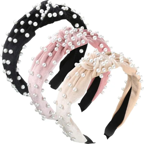 Vista 8 de WILLBOND Diadema anudada con perlas de terciopelo para mujer, accesorios para el cabello (beige, malva pálido, negro)