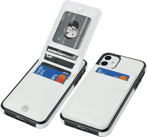 Vista 19 de KIHUWEY - Funda tipo cartera para iPhone 11, tarjetero con soporte, color negro Ranuras para tarjetas de crédito, soporte, piel sintética