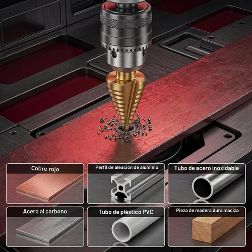 Vista 5 de Step Bit-10 pasos de titanio con revestimiento de acero de alta velocidad Unibit con doble flauta ranurada recta para perforación de agujeros