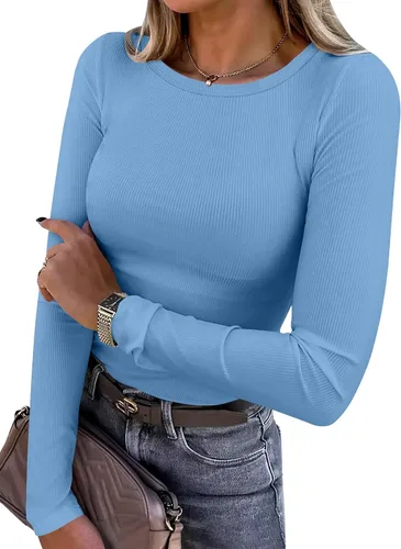 Vista 30 de ANRABESS - Camisetas de manga larga para mujer, de punto acanalado, ajustadas, básicas, 2025, informales, para usar a capas o debajo del uniforme