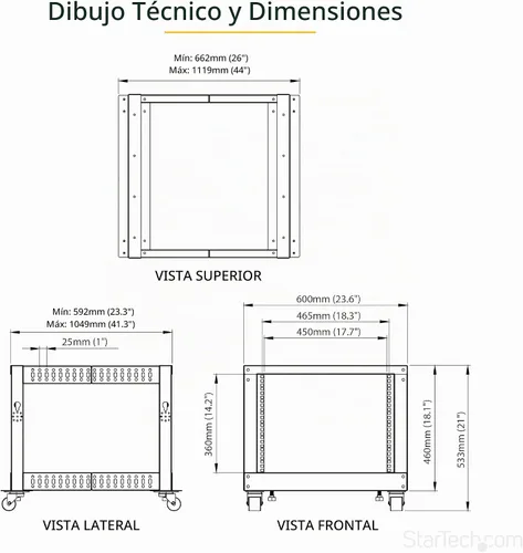 Vista 6 de StarTech Bastidor de servidor de marco abierto de 4 postes 8U móvil, bastidor de red de 19" con ruedas, pequeño bastidor rodante para equipos