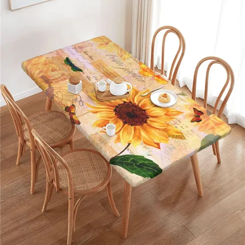 Vista 19 de Fiokroo Mantel de Flores de Crisantemo Azul, Amarillo y Azul Marino con Borde Elástico, Mantel Redondo Lavable y Reutilizable Cubierta de Mesa