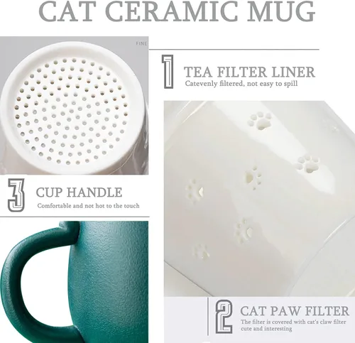 Vista 4 de Liywall - Taza de té de cerámica con infusor y tapa, colador de taza de té de porcelana hecho a mano con diseño de gato con estuche de Verde