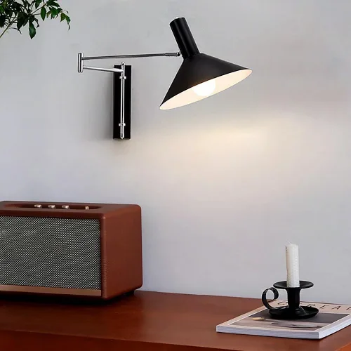 Vista 4 de Aplique de pared Bauhaus con brazo articulado, Aplique industrial cromado, luz de lectura ajustable para mesilla de noche, lámpara de metal moderno