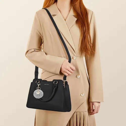 Vista 3 de IGOLUMON Bolso de mujer con asa superior de cuero vegano sintético Satchel Monedero para mujer Bolso de mano de diseñador con lindo pompón