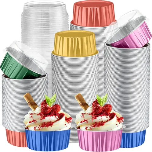 Vista 11 de Paquete de 200 forros de aluminio para cupcakes con tapas, color negro, liso 5 oz Round Baking Cup, Disposable Ramekin Container, Wedding