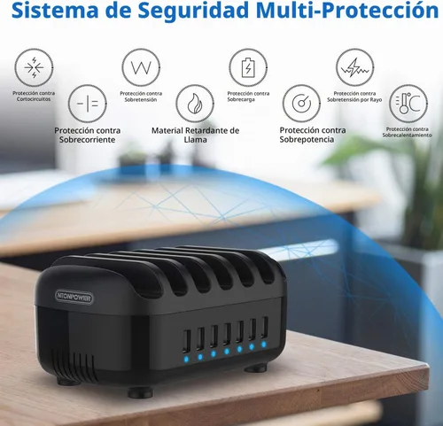 Vista 5 de Estación de carga de 7 puertos para múltiples dispositivos, organizador de estación de carga de 70 W, acoplamiento de carga USB con ventilador