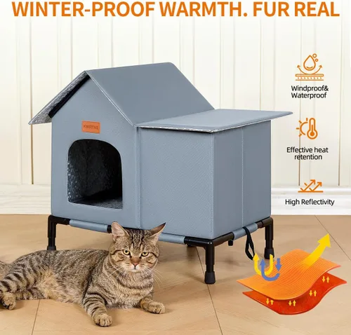 Vista 4 de Casa de gatos al aire libre aislada resistente al agua para invierno refugio para gatos salvajes con fondo elevado diseño auto-calentamiento a