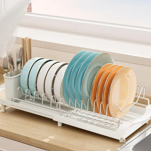 Vista 4 de Expandable 2-Level Dish Rack with Removable Storage – Space Saving Stainless Steel Dish Drainer, Adjustable from 30.5cm to 49.5cm for Small Kitchen