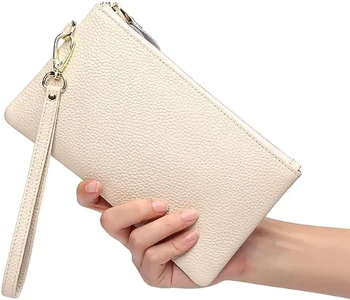 Vista 2 de Tapp Collections Cartera de cuero delgada con bloqueo RFID para mujer, Beige, Muñequera