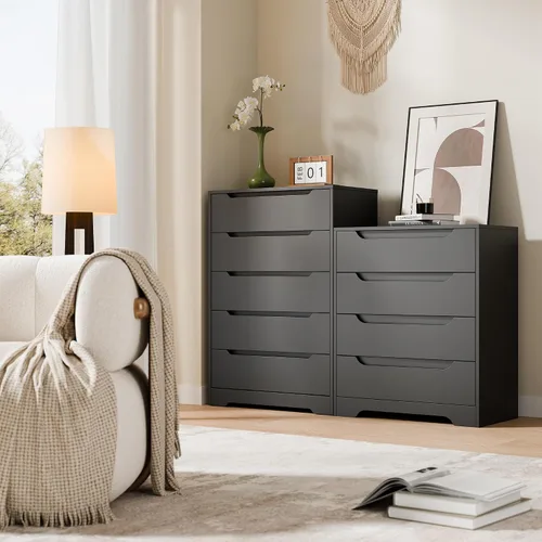 Vista 4 de Cozy Castle - Cómoda de 5 cajones, cómoda moderna de madera con gran organizador, gabinete de almacenamiento con acento de madera para sala de Negro