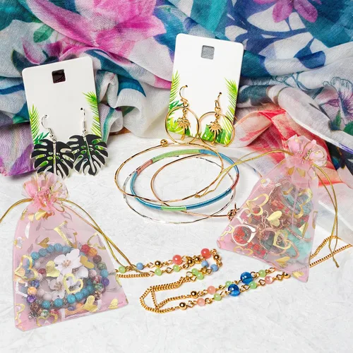 Vista 7 de G2PLUS - Bolsas de organza de corazón, 50 bolsas de regalo con cordón transparente de 4 x 6 pulgadas Pink Mesh Bags with Gold Foil Hearts for