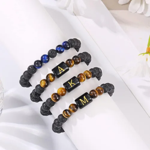 Vista 6 de M MOOHAM Bracelets for Mens Christmas Gifts - 8mm Natural Stone Initial Bracelet for Men Lava Rock Tiger Eye Bracelets Unique Anniversary Christmas
