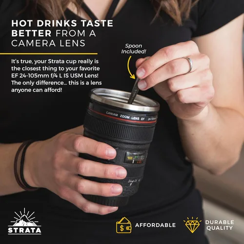 Vista 10 de Taza, diseño de lente de cámara -13.5oz, ¡Súper paquete! (2 tapas de tapas + cuchara), taza portátil para café, de acero inoxidable, sello retráctil