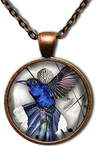 Vista 8 de Blue Hummingbird Nature Lovers Handmade ROUND Glass Pendant Necklace Jewelry