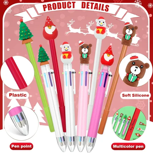 Vista 2 de Outus Juego de 16 bolígrafos de Navidad, 8 bolígrafos con temática navideña y 8 bolígrafos retráctiles multicolor para niños y estudiantes, muñeco