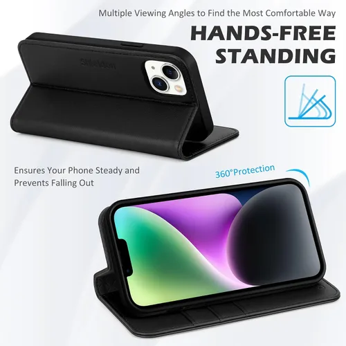 Vista 5 de SHIELDON Funda para iPhone 14 de 6.1", Funda tipo cartera de cuero genuino [Cierre magnético] [Ranuras para tarjetas con bloqueo RFID] [Soporte]