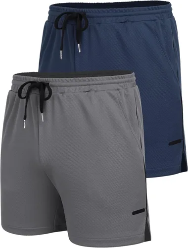 Vista 4 de COOFANDY Paquete de 2 pantalones cortos de entrenamiento de gimnasio para hombre, pantalones de malla ligeros para culturismo, entrenamiento