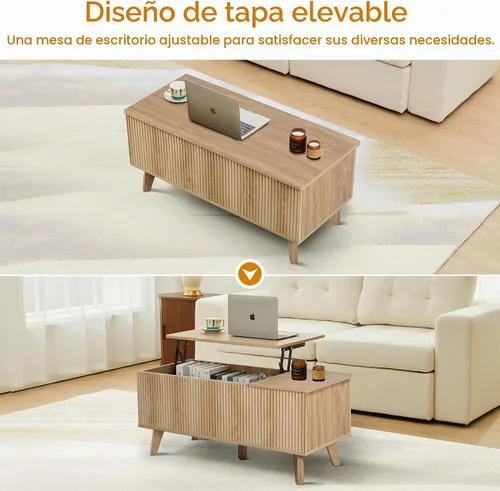 Vista 7 de Mesa auxiliar bohemia con tapa elevable con almacenamiento para sala de estar, dormitorio, mesa auxiliar rectangular baja acanalada con cajones