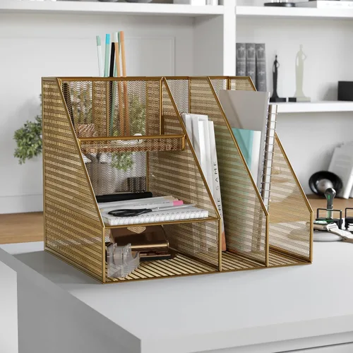 Vista 2 de Martha Stewart Ryder - Organizador de escritorio grande de metal de malla dorada con soporte para archivador de revista, soporte para bolígrafos