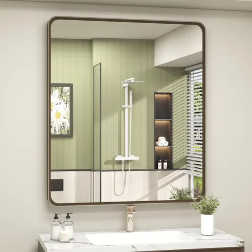 Vista 13 de OKPAL - Espejo de tocador de baño de 20x24 pulgadas con marco de metal cepillado en bronce, espejo de baño con marco de metal cepillado en bronce
