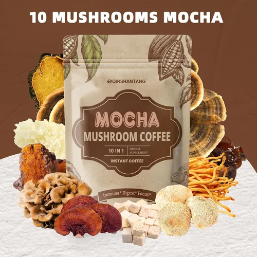 Vista 4 de Café de hongos con cacao en polvo, mezcla de café instantáneo de hongos moca Suplemento de 10 hongos, coco y MCT, apoya la concentración