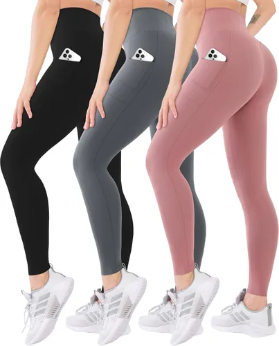 Vista 11 de Blisset - Paquete de 3 leggings de cintura alta para mujer con bolsillos, pantalones suaves y activos para control de abdomen, ideales para yoga
