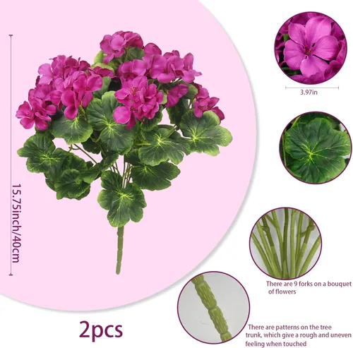 Vista 2 de 2 piezas de geranios artificiales para exteriores, flores de cementerio de seda, color fucsia, geranios para macetero, jardín, patio, tumba, jarrón