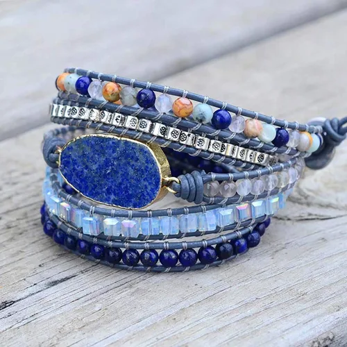 Vista 5 de Pulseras bohemias hechas a mano de piedra natural con cuentas de cristal de turquesa