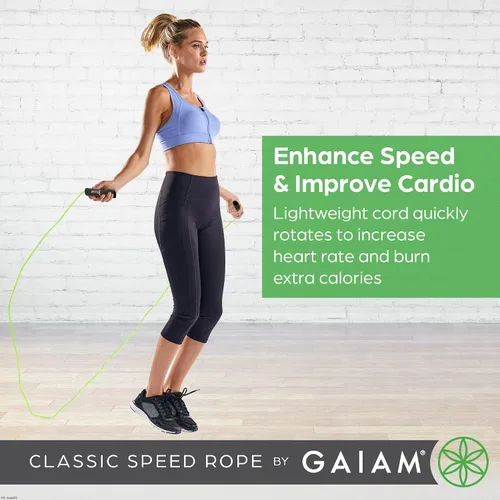 Vista 2 de Gaiam Cuerda de velocidad clásica para mujeres y hombres, cuerda de saltar para fitness y ejercicio, ligera, sin enredos, portátil y ajustable