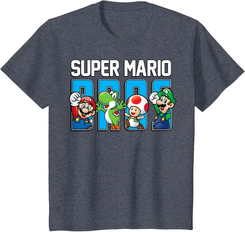 Vista 60 de Super Mario Bros Characters Letter Fill Graphic T-Shirt Camiseta, Negro