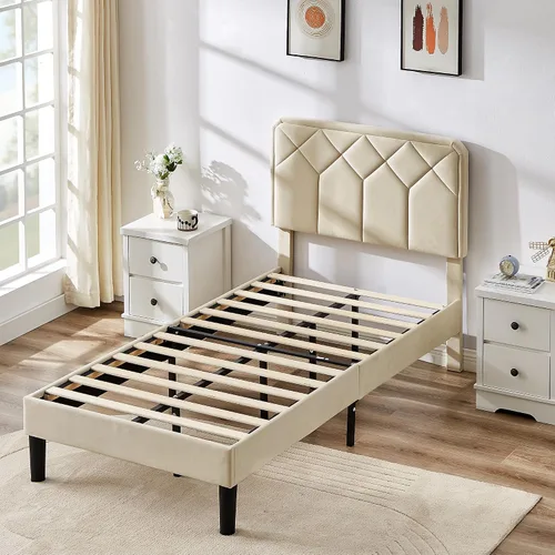 Vista 4 de VECELO Marco de Cama Tamaño Twin con Plataforma Tapizada de Terciopelo Premium con Cabecera Ajustable en Altura/Base de Colchón, Soporte de Listones