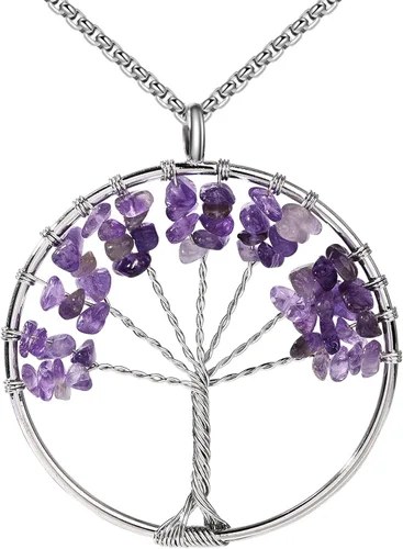 Vista 6 de ZPMMPZ Collar de árbol de la vida, cristales curativos naturales, amatista, 7 chakras, piedras preciosas, regalo familiar para mujeres y niñas
