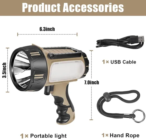 Vista 7 de Foco Recargable Súper Brillante de Mano, Linterna LED Recargable Táctica de Búsqueda con Salida USB, 6 Modos de Luz, Luz de Camping (Gris)