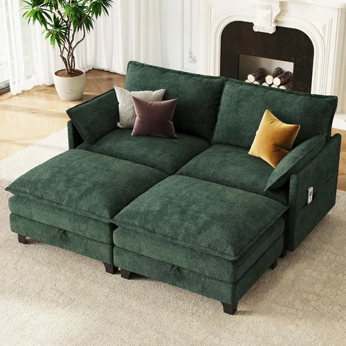 Vista 17 de Sofá modular moderno en forma de L de 106 pulgadas, sofá nube de felpilla con otomana de almacenamiento, sofás de asiento profundo con bolsillo Verde