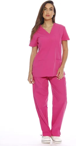 Vista 28 de Just Love Juego de uniforme médico para mujer de seis bolsillos con cuello en V y pantalón cargo Negro