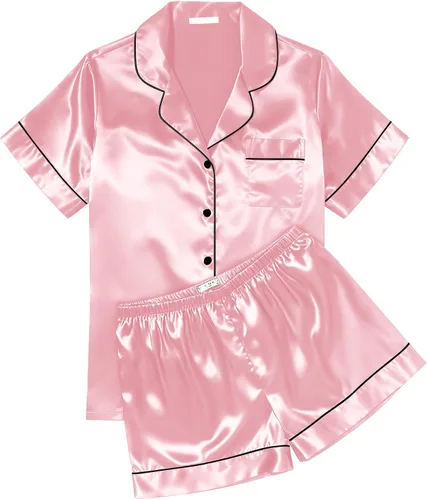 Vista 10 de Ekouaer Conjunto de pijama de satén de seda para mujer, suave, de manga corta, con botones, ropa para dormir, camiseta y pantalones cortos, juego
