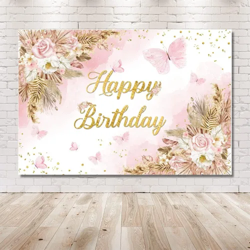 Vista 6 de MEHOFOND Telón de fondo bohemio de feliz cumpleaños de 7 x 5 pies para niñas, color rosa rubor, floral, bohemio, hierba de pampas, pasteles