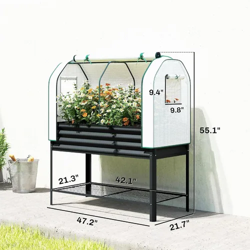 Vista 7 de Outsunny Cama de jardín elevada galvanizada con cubierta de invernadero, cama de jardín elevada de metal con patas, forro de cama y estante