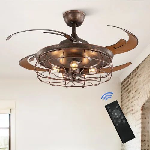 Vista 6 de Ventilador de techo retráctil de 48 pulgadas con luces, lámpara industrial oxidada inversa con control remoto para sala de estar, comedor