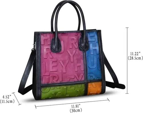 Vista 5 de Bolso de cuero genuino para mujer, bolso de cuero en relieve, bolso de mano con asa superior, bolso cruzado de trabajo