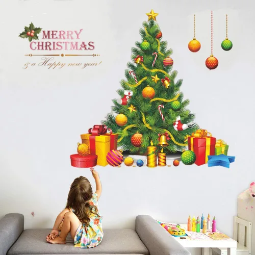 Vista 2 de Pegatinas grandes de árbol de Navidad de 51.2 x 47.2 pulgadas, calcomanías de decoración de Navidad, decoración de sala de estar, calcomanías