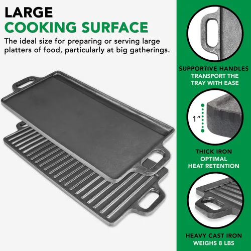 Vista 4 de ProSource Griddle de la parrilla de hierro fundido de doble quemador profesional de servicio pesado profesional, negro