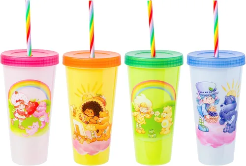Vista 21 de Silver Buffalo Care Bears Corazones y Estrellas Juego de 4 Vasos de Plástico Cambian de Color con Popotes de Espiral Arcoíris con Tenderheart