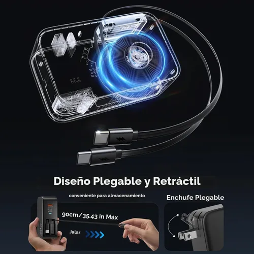 Vista 5 de Cargador de pared retráctil 4 en 1, enchufe de cable USB C doble, cargador USB C de 45 W, cargador retráctil rápido para iPhone, bloque plegable