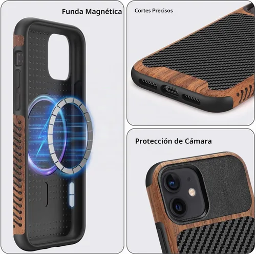 Vista 6 de Funda magnética compatible con iPhone 11 [Compatible con MagSafe] Diseño híbrido de madera y cuero con fibra de carbono, funda protectora a prueba