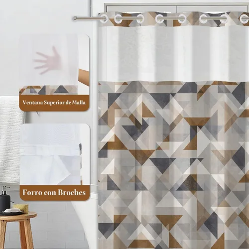 Vista 3 de No Hook Geometric Shower Curtain with Snap in Liner - 71″W x 74″L Waterproof Fabric with Mesh Top Window, Modern Abstract Triangle Design Bath